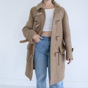 Vintage 70's Tan Zip Up 40% Wool Knee Length Duffle Coat L